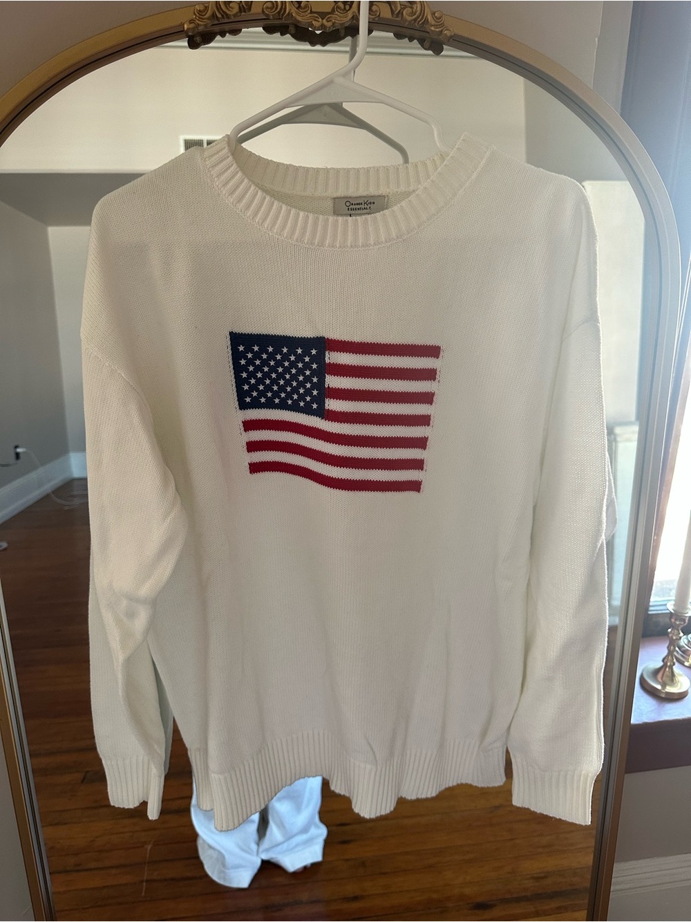 White Crewneck Sweater with American Flag Embroidery